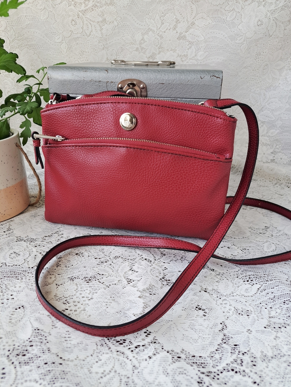 Nine West Small Red Crossbody Pebbled Faux Leather Silver Hardware